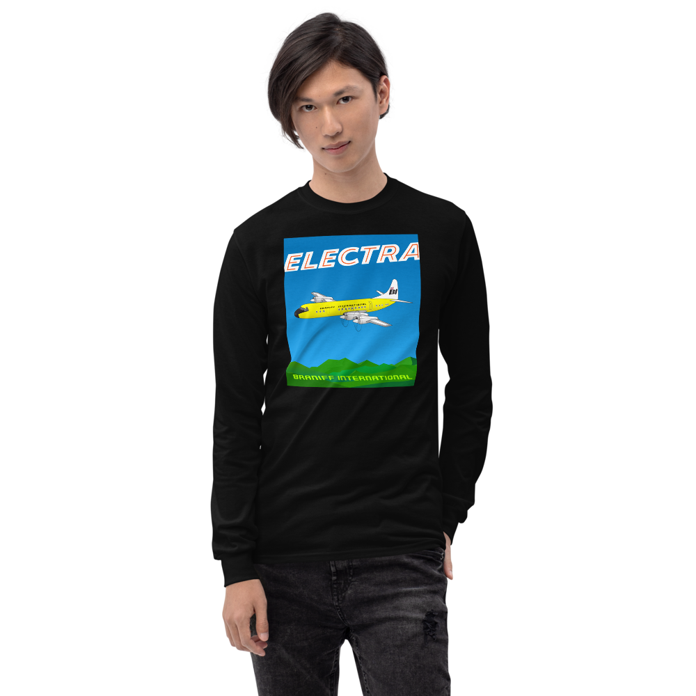 Long Sleeve Shirt by Gildan Men's Women's Braniff Lockheed L-188 Electra 1967 Solid Color Scheme