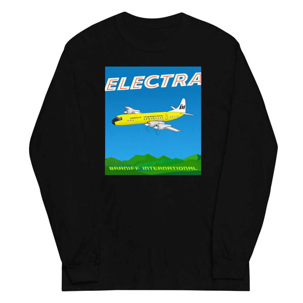 Long Sleeve Shirt by Gildan Men's Women's Braniff Lockheed L-188 Electra 1967 Solid Color Scheme