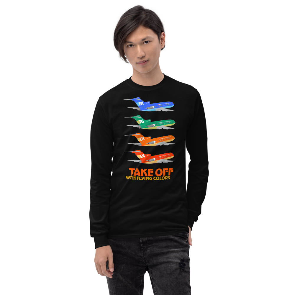 Long Sleeve Shirt by Gildan Men's Women's Braniff Boeing 727 Takeoff with Flying Colors 1971 Two Tone