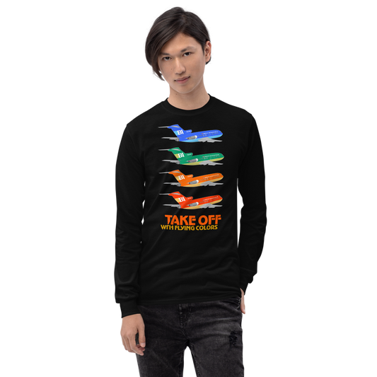 Long Sleeve Shirt by Gildan Men's Women's Braniff Boeing 727 Takeoff with Flying Colors 1971 Two Tone
