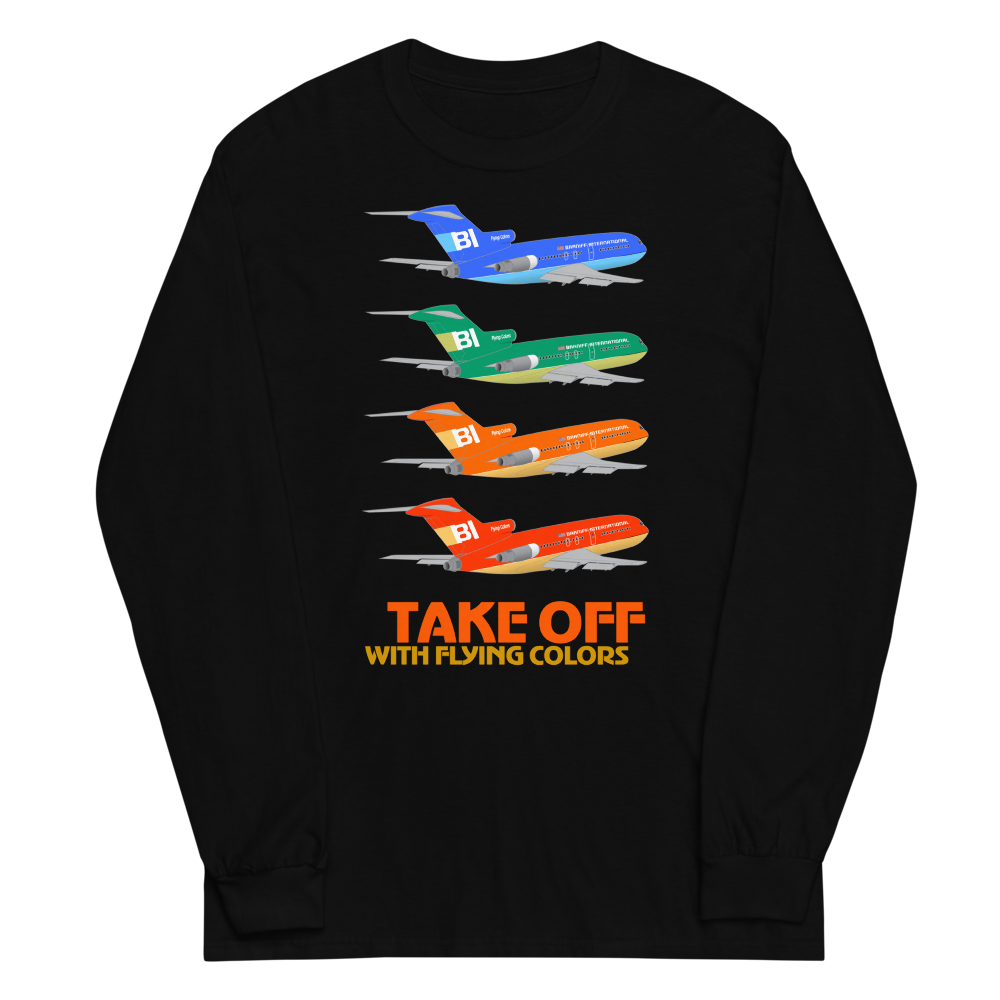 Long Sleeve Shirt by Gildan Men's Women's Braniff Boeing 727 Takeoff with Flying Colors 1971 Two Tone