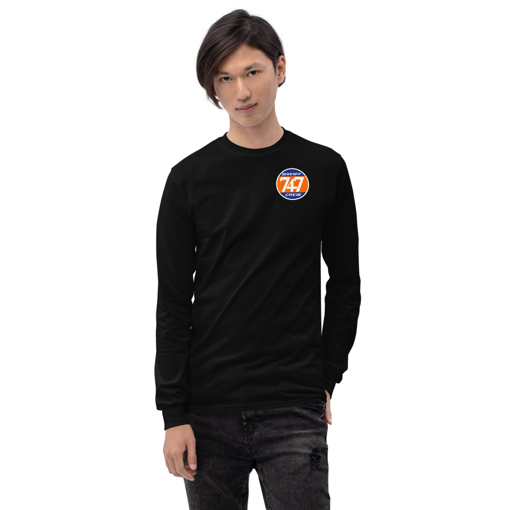 Long Sleeve Shirt by Gildan Men's Women's Braniff Boeing 747 Crew Logo and Jumbo Jet on Shirt Back