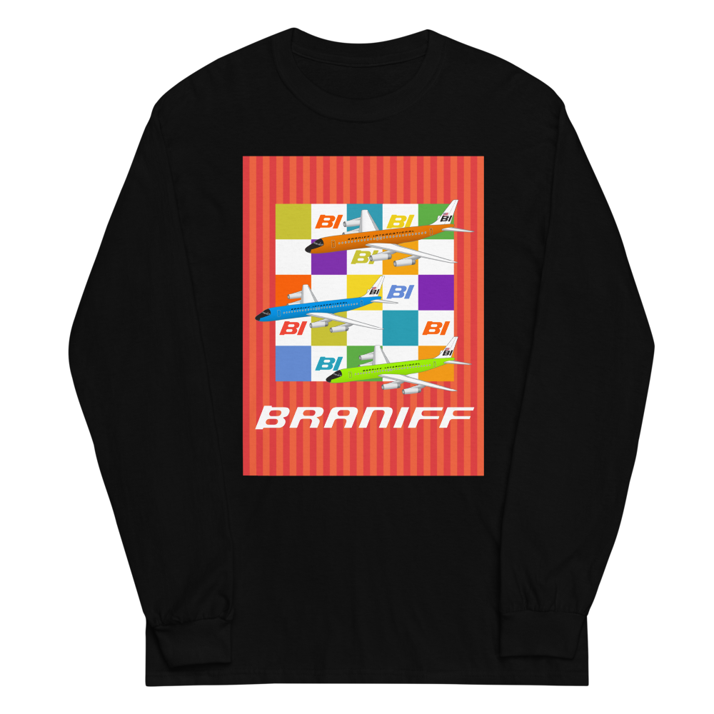 Long Sleeve Shirt by Gildan Men's Women's Braniff McDonnell Douglas DC-8-62 1967 Solid Color Scheme