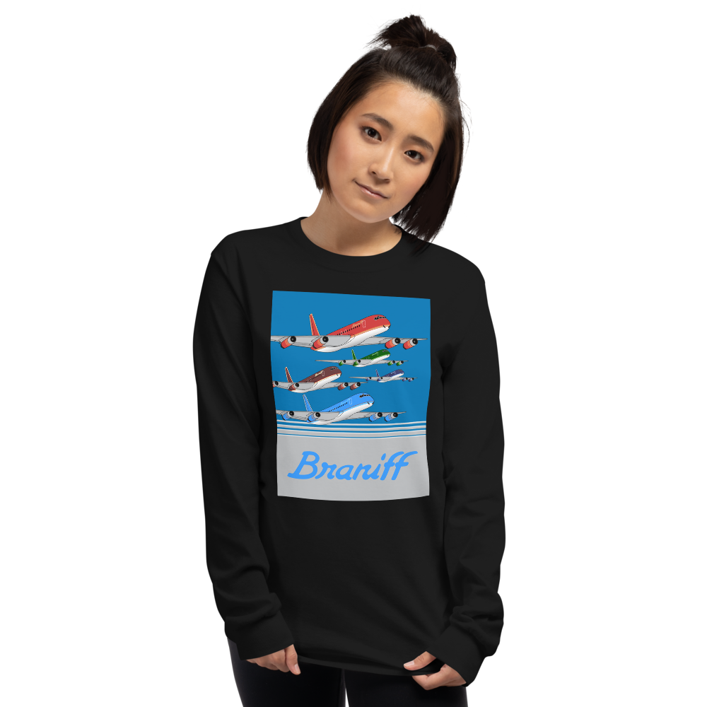 Long Sleeve Shirt by Gildan Men's Women's  Braniff McDonnell Douglas DC-8-62 1978 Ultra Color Scheme