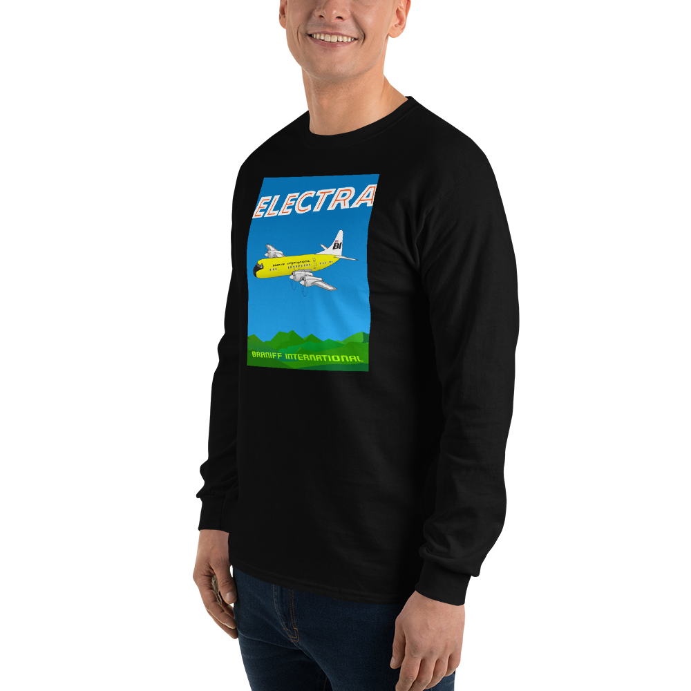 Long Sleeve Shirt by Gildan Men's Women's Braniff Lockheed L-188 Electra 1967 Solid Color Scheme