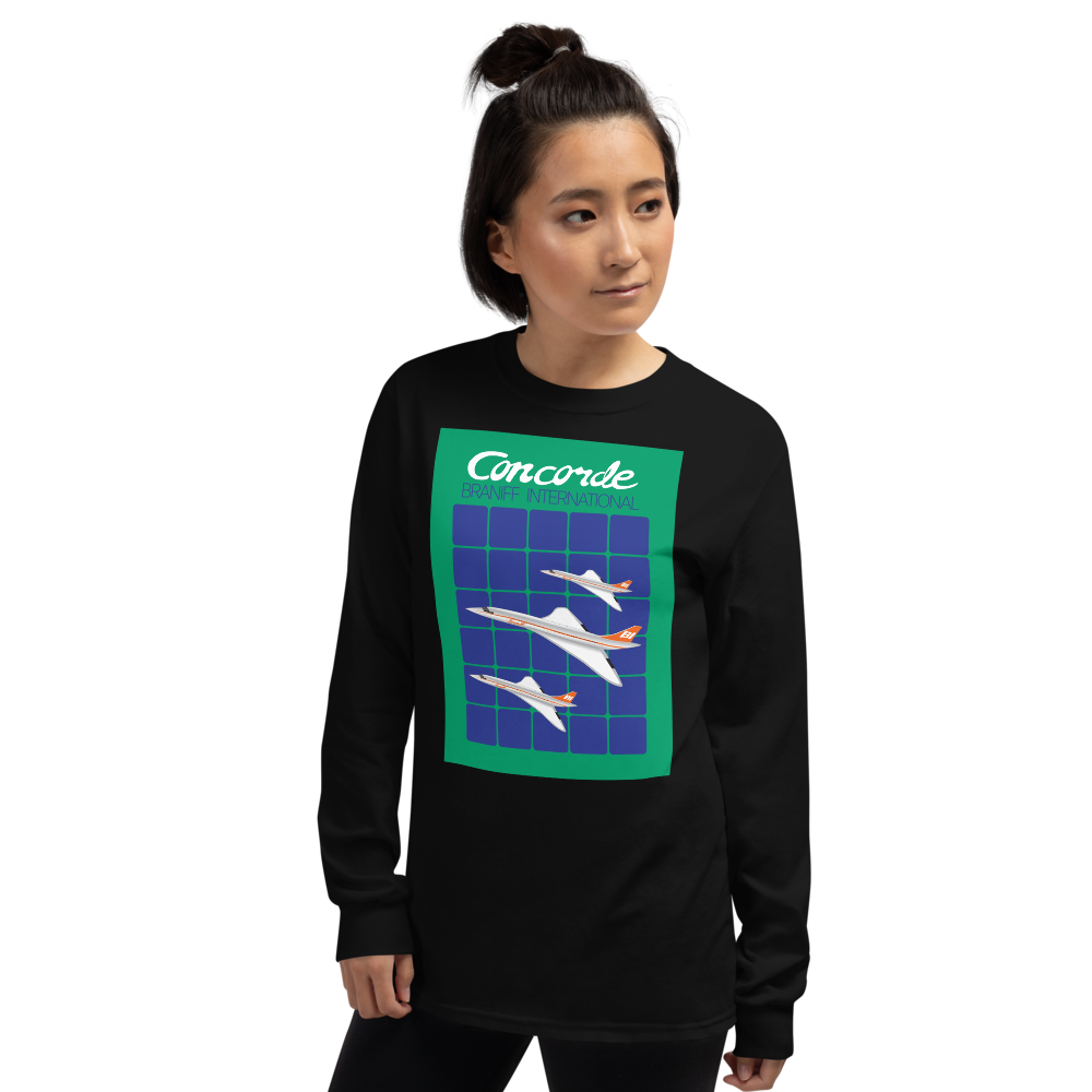 Long Sleeve Shirt by Gildan Men's Women's Braniff Concorde SST Jet Inflight