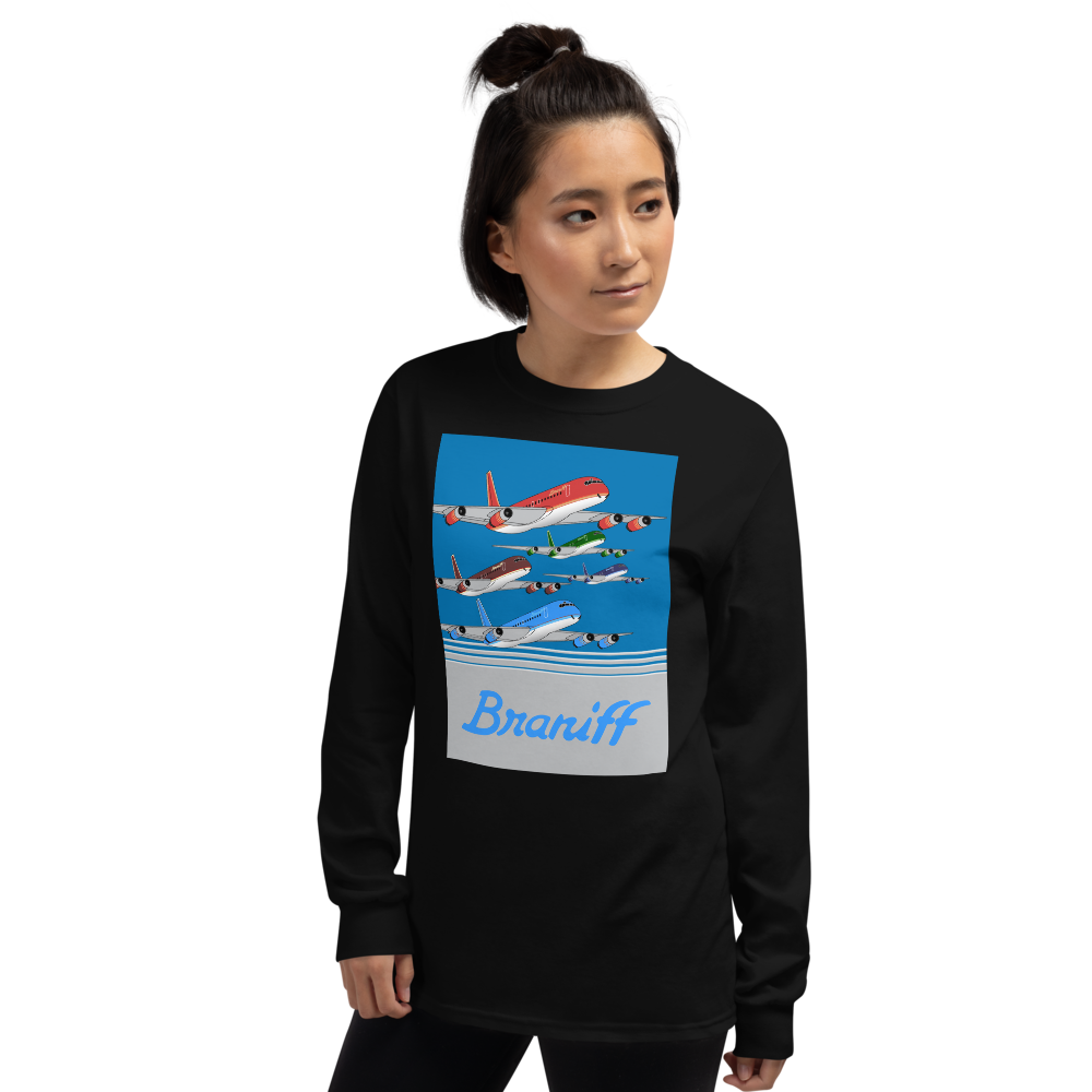 Long Sleeve Shirt by Gildan Men's Women's  Braniff McDonnell Douglas DC-8-62 1978 Ultra Color Scheme
