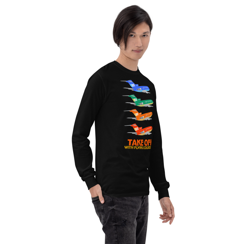 Long Sleeve Shirt by Gildan Men's Women's Braniff Boeing 727 Takeoff with Flying Colors 1971 Two Tone