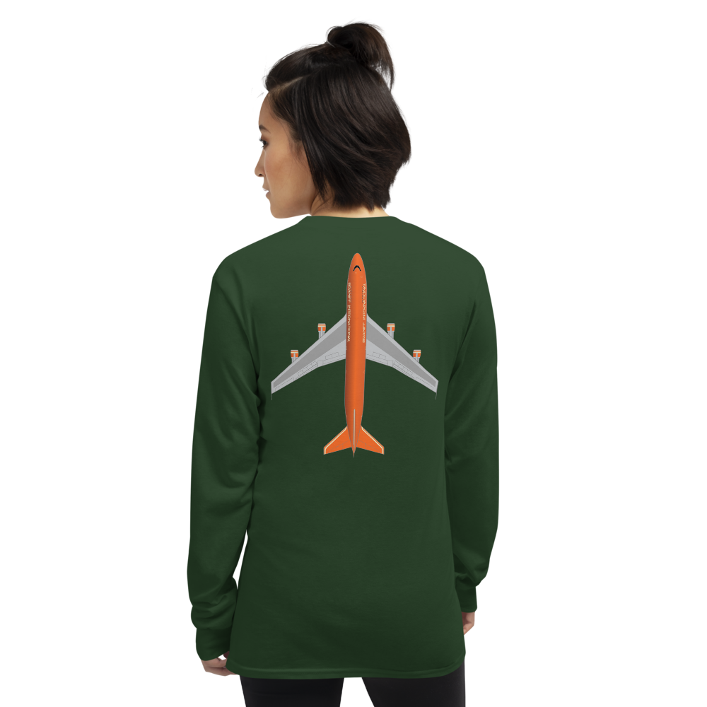 Long Sleeve Shirt by Gildan Men's Women's Braniff Boeing 747 Crew Logo and Jumbo Jet on Shirt Back