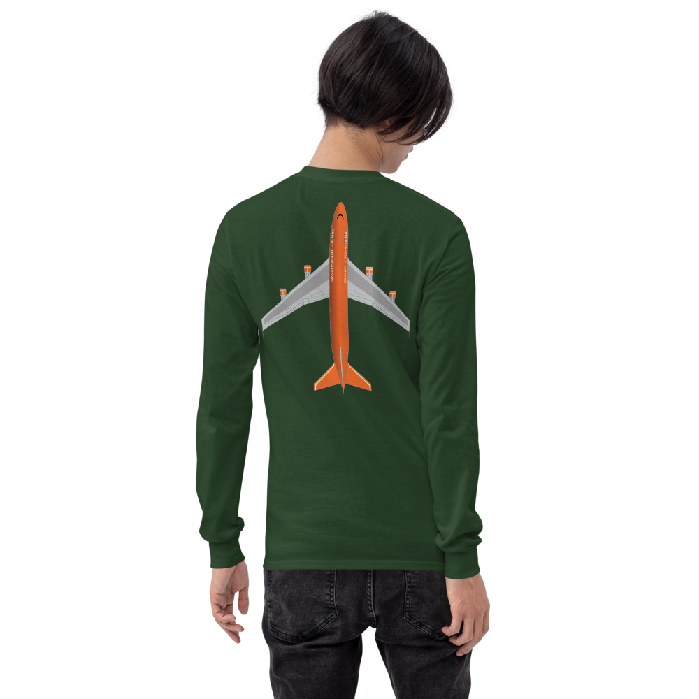 Long Sleeve Shirt by Gildan Men's Women's Braniff Boeing 747 Crew Logo and Jumbo Jet on Shirt Back