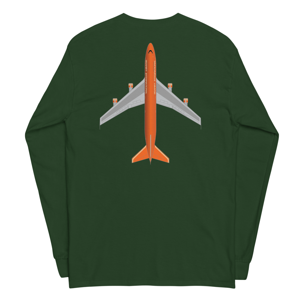 Long Sleeve Shirt by Gildan Men's Women's Braniff Boeing 747 Crew Logo and Jumbo Jet on Shirt Back