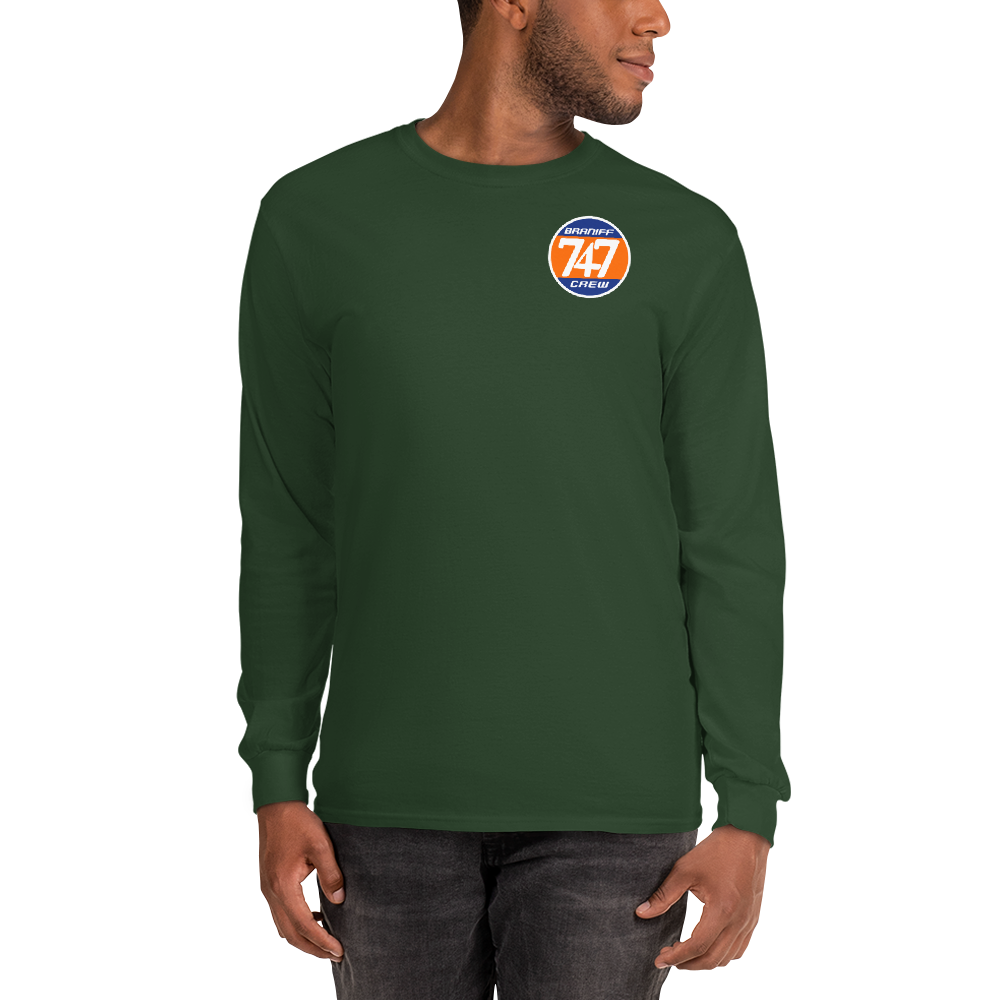 Long Sleeve Shirt by Gildan Men's Women's Braniff Boeing 747 Crew Logo and Jumbo Jet on Shirt Back