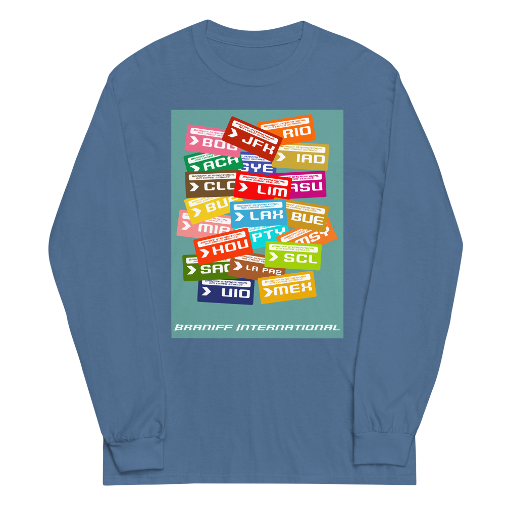 Long Sleeve Shirt by Gildan Men's Women's Braniff Luggage Tags Destinations