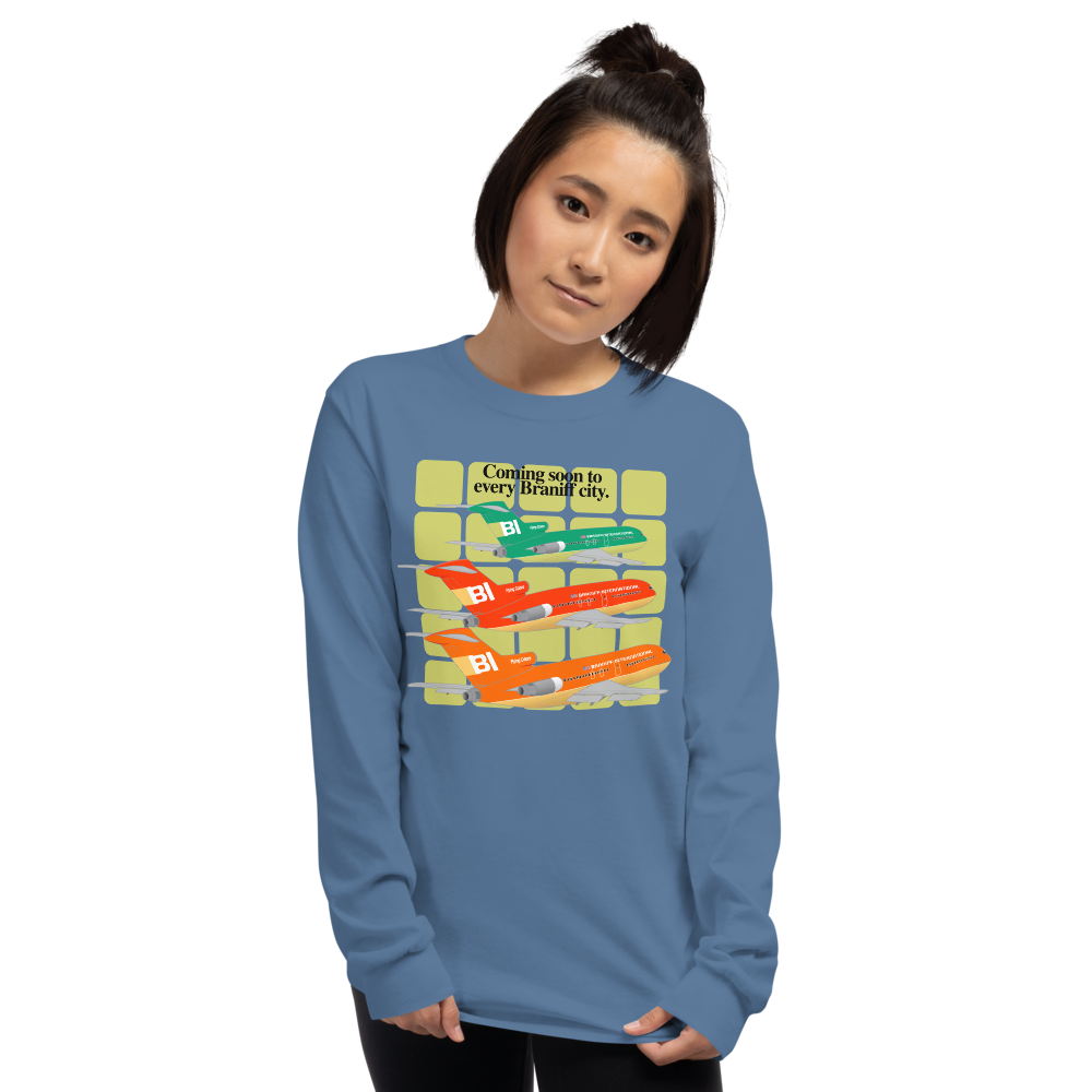 Long Sleeve Shirt Unisex by Gildan Braniff Boeing 727 1971 Two Tone Coming Soon