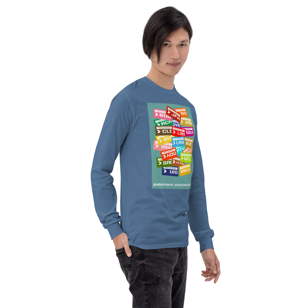 Long Sleeve Shirt by Gildan Men's Women's Braniff Luggage Tags Destinations