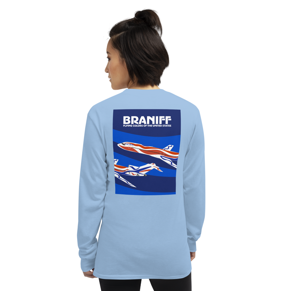 Long Sleeve Shirt by Gildan Men's Women's Braniff Boeing 727 Bicentennial Color Scheme on Shirt Back