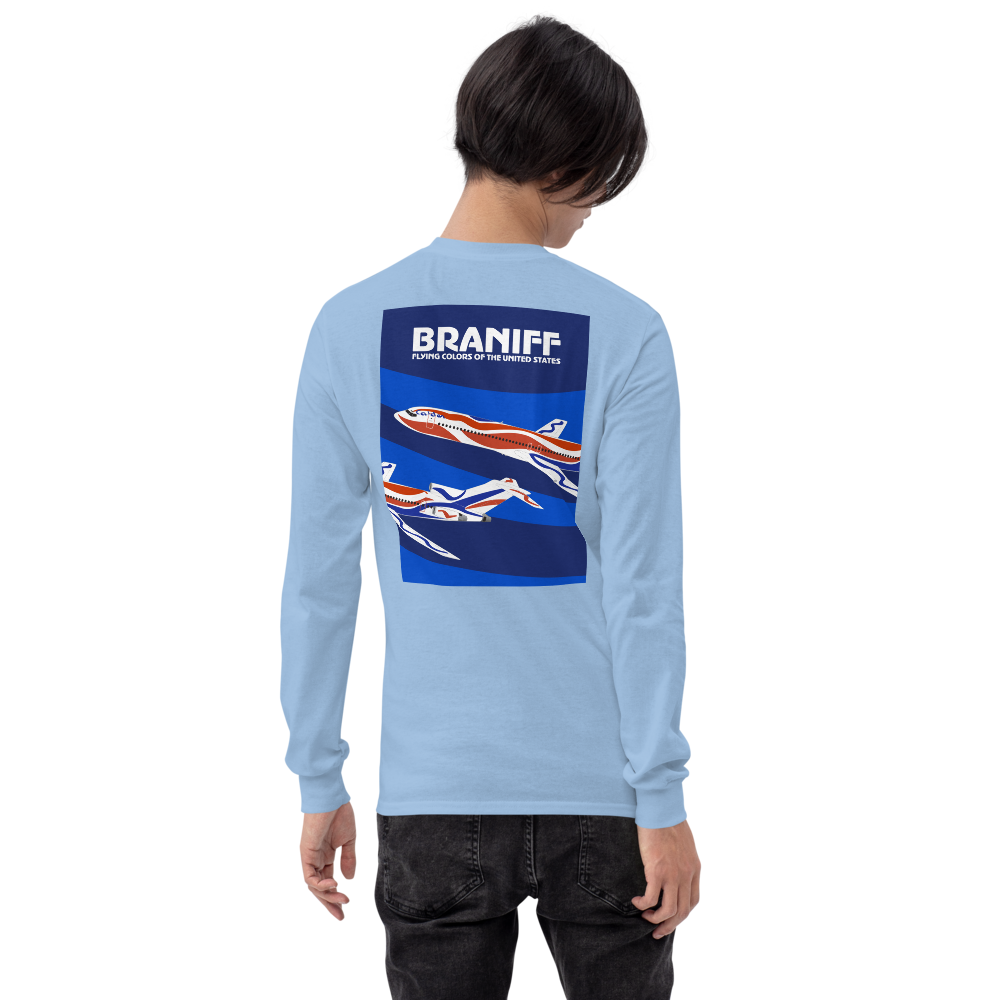 Long Sleeve Shirt by Gildan Men's Women's Braniff Boeing 727 Bicentennial Color Scheme on Shirt Back
