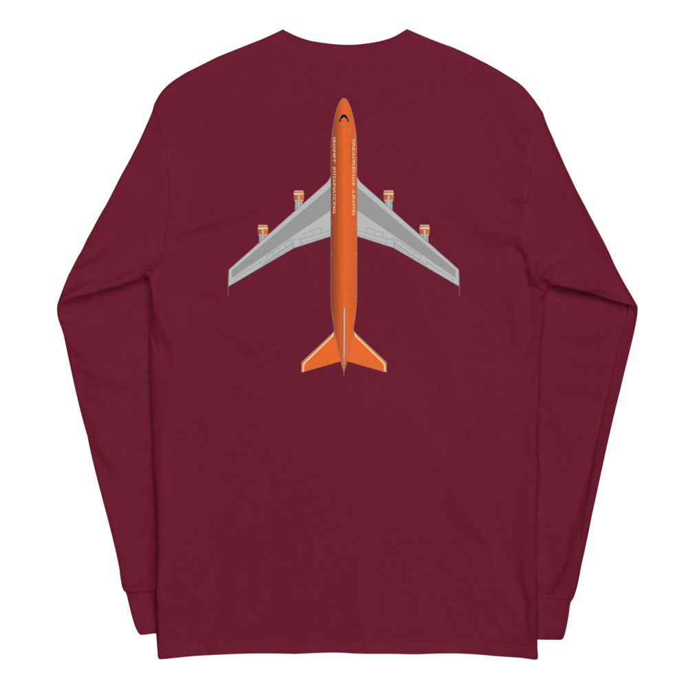 Long Sleeve Shirt by Gildan Men's Women's Braniff Boeing 747 Crew Logo and Jumbo Jet on Shirt Back