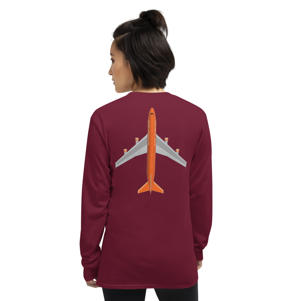 Long Sleeve Shirt by Gildan Men's Women's Braniff Boeing 747 Crew Logo and Jumbo Jet on Shirt Back