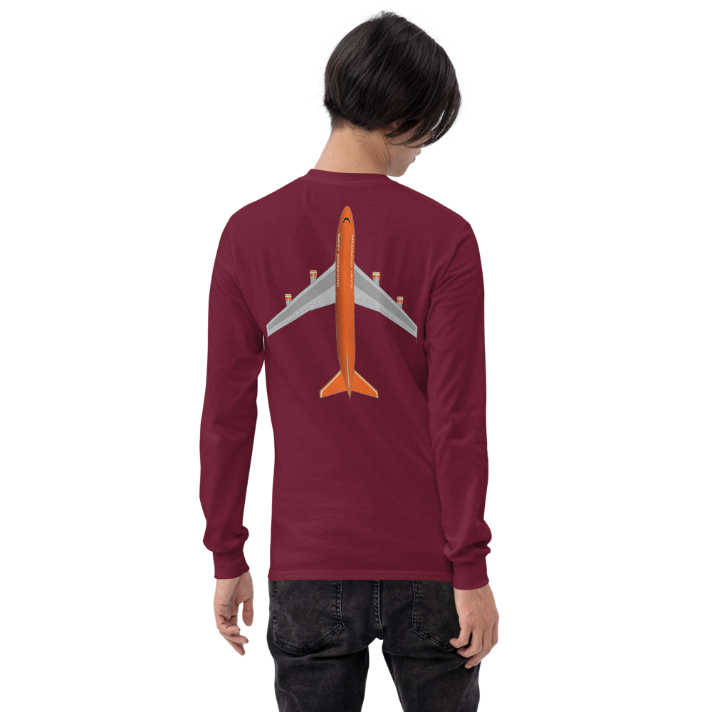 Long Sleeve Shirt by Gildan Men's Women's Braniff Boeing 747 Crew Logo and Jumbo Jet on Shirt Back