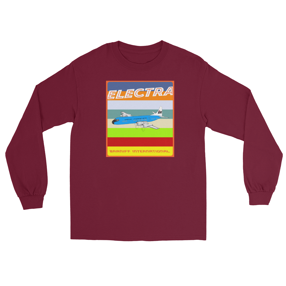 Long Sleeve Shirt by Gildan Men's Women's Braniff Lockheed L-188 Electra 1967 Solid Color Scheme