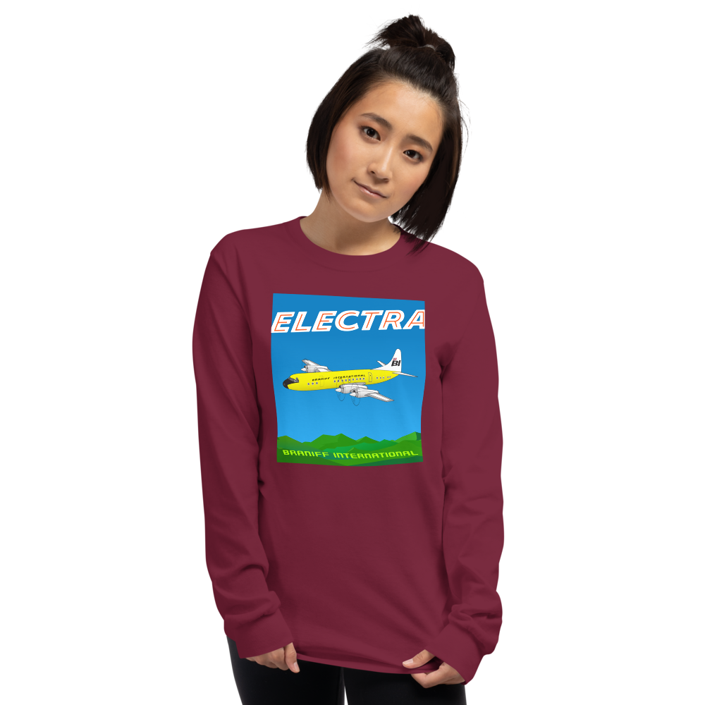 Long Sleeve Shirt by Gildan Men's Women's Braniff Lockheed L-188 Electra 1967 Solid Color Scheme