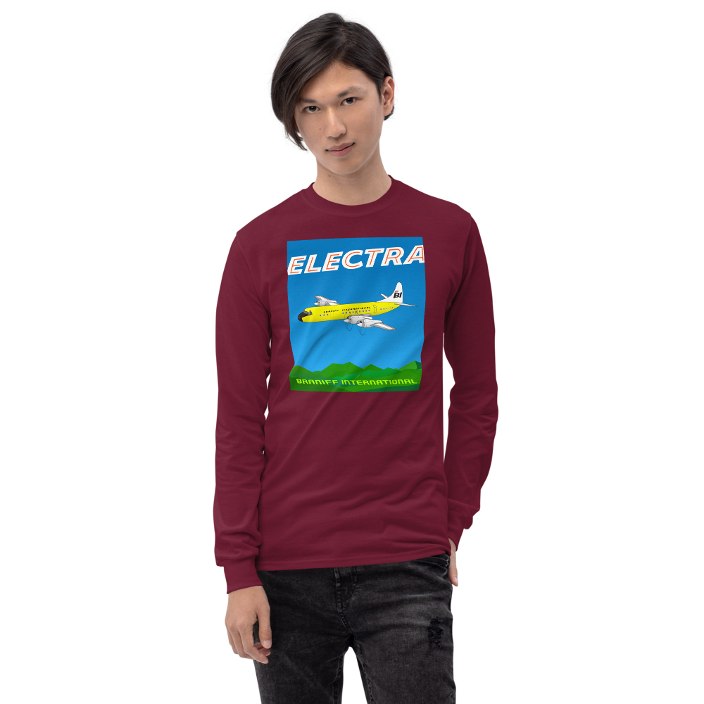 Long Sleeve Shirt by Gildan Men's Women's Braniff Lockheed L-188 Electra 1967 Solid Color Scheme