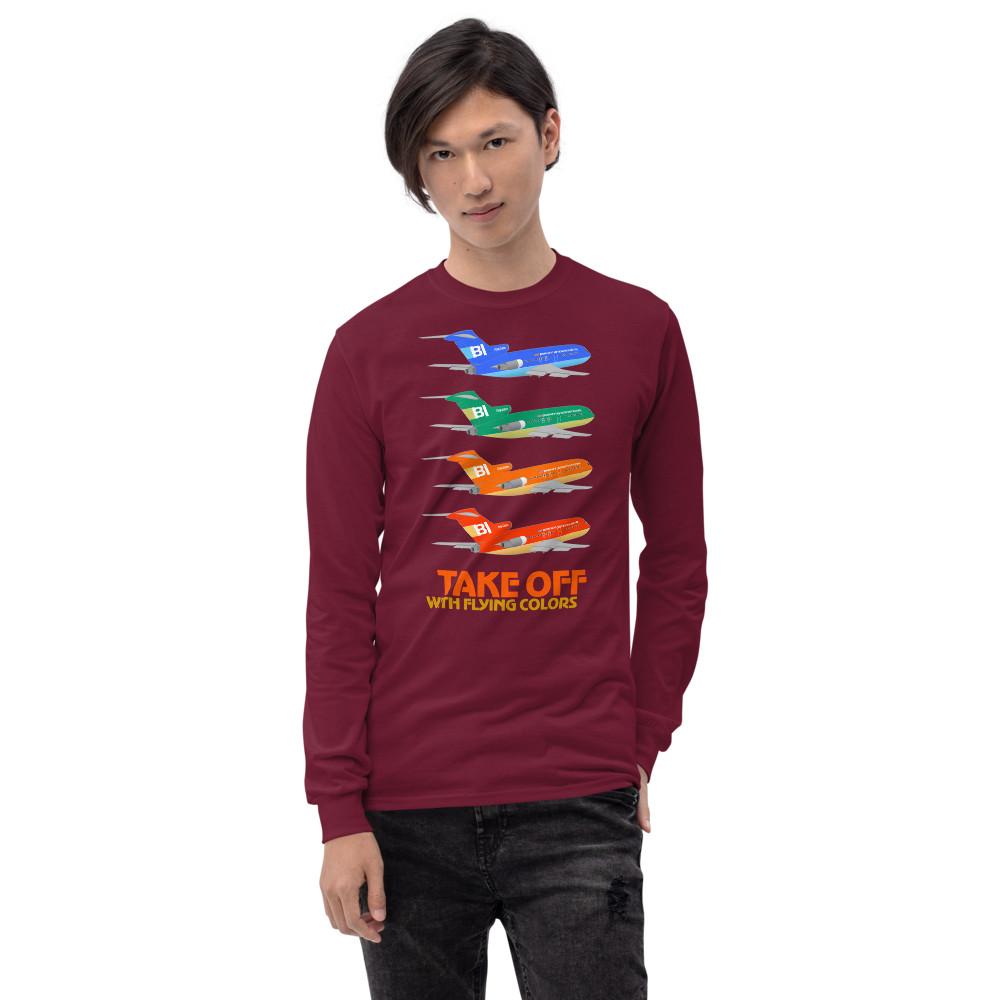Long Sleeve Shirt by Gildan Men's Women's Braniff Boeing 727 Takeoff with Flying Colors 1971 Two Tone