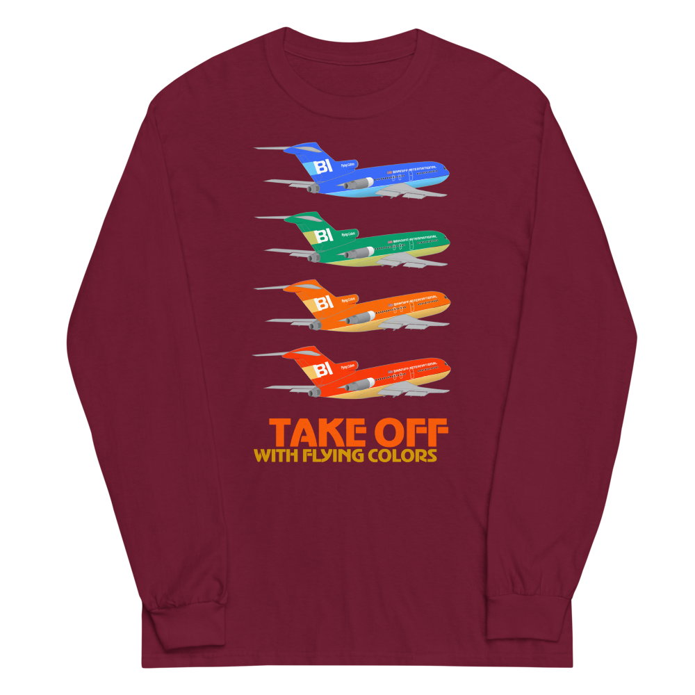 Long Sleeve Shirt by Gildan Men's Women's Braniff Boeing 727 Takeoff with Flying Colors 1971 Two Tone