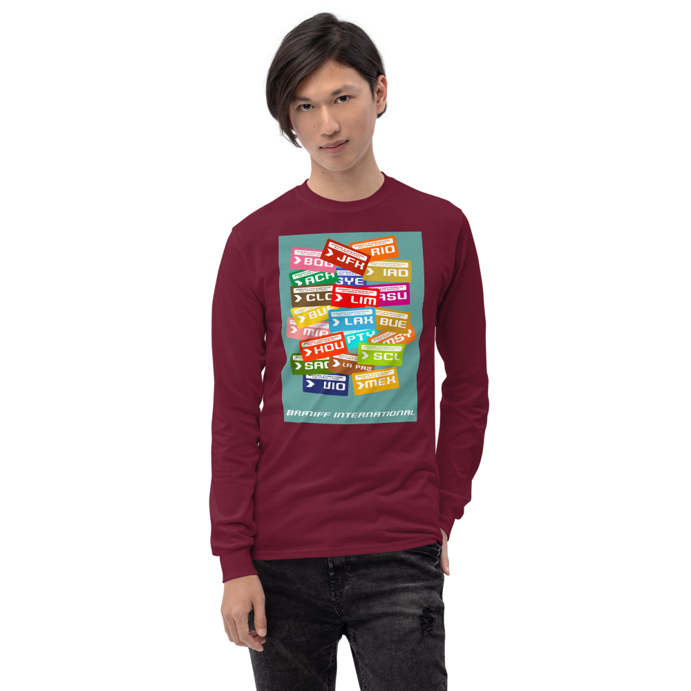 Long Sleeve Shirt by Gildan Men's Women's Braniff Luggage Tags Destinations
