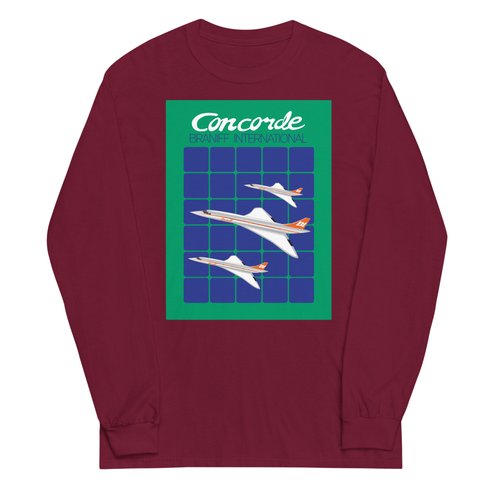 Long Sleeve Shirt by Gildan Men's Women's Braniff Concorde SST Jet Inflight