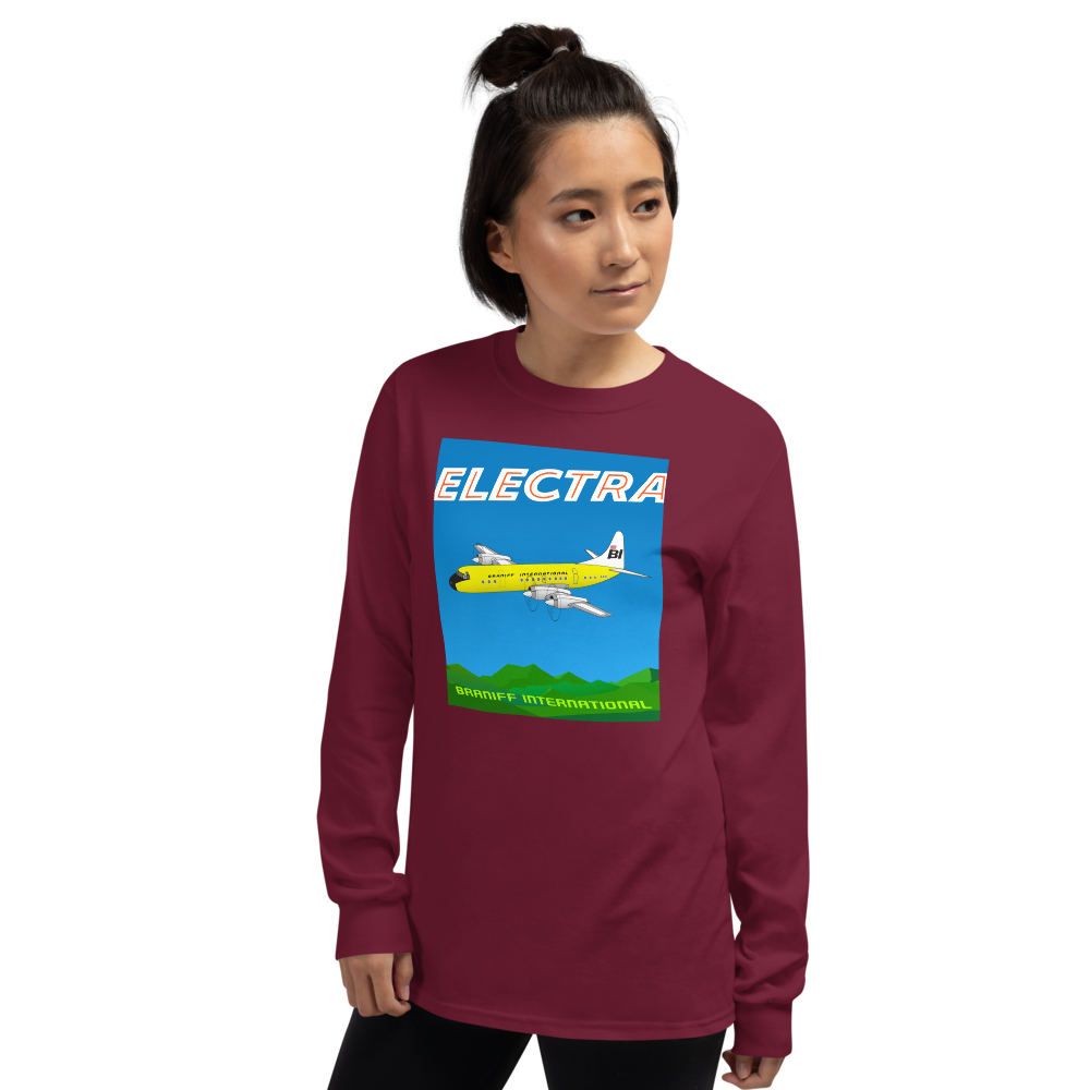 Long Sleeve Shirt by Gildan Men's Women's Braniff Lockheed L-188 Electra 1967 Solid Color Scheme