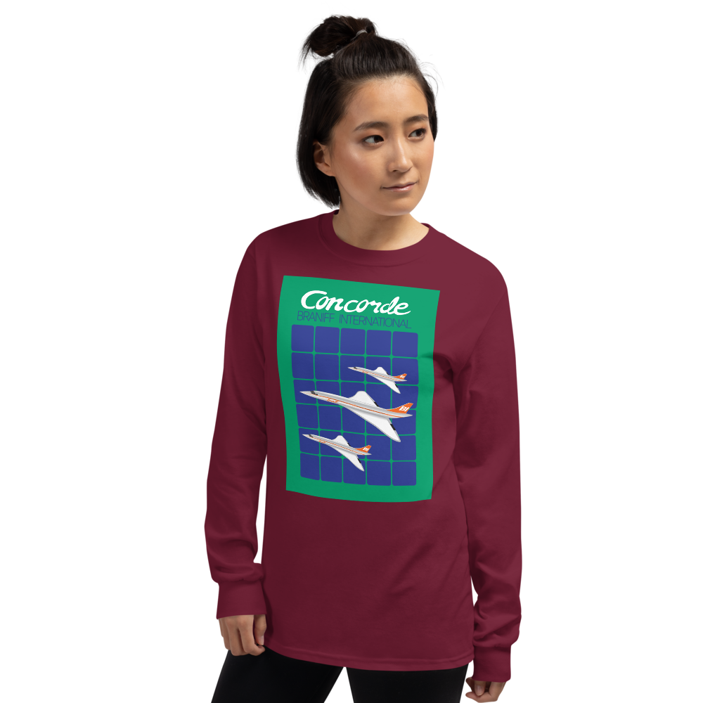 Long Sleeve Shirt by Gildan Men's Women's Braniff Concorde SST Jet Inflight