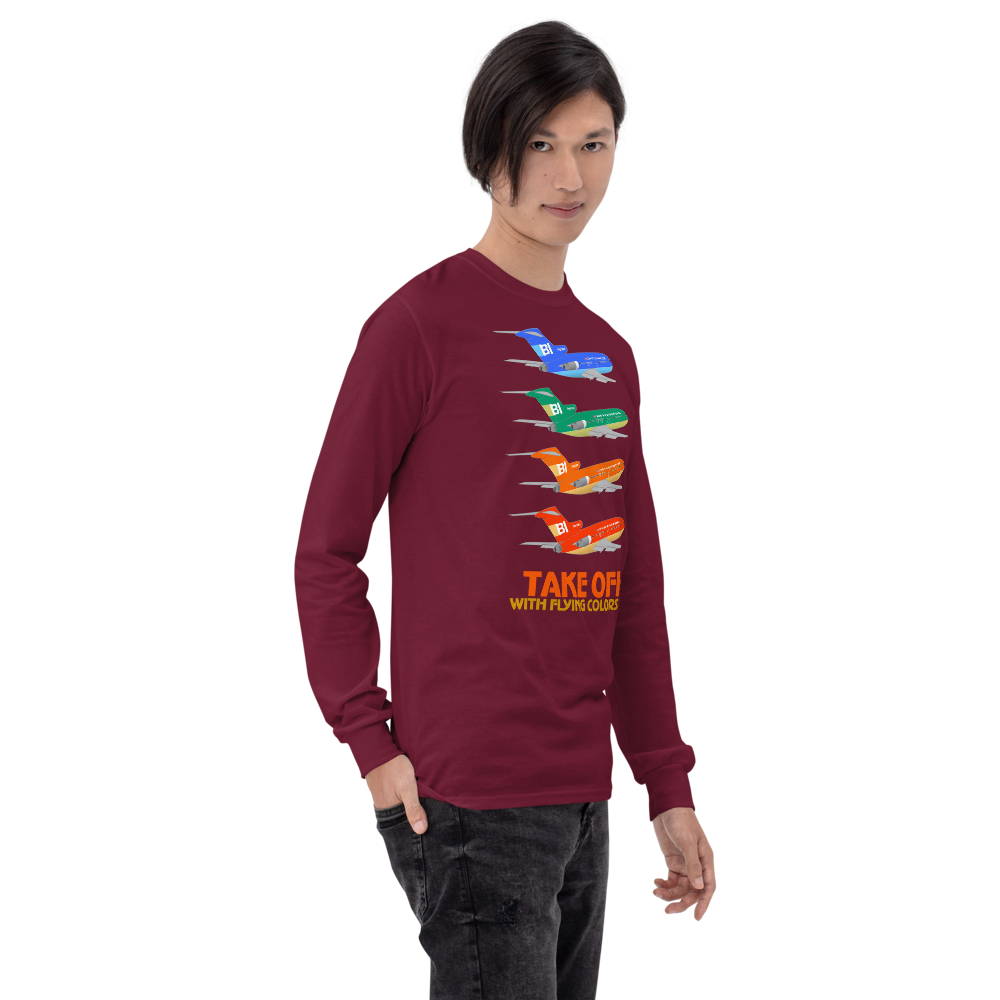 Long Sleeve Shirt by Gildan Men's Women's Braniff Boeing 727 Takeoff with Flying Colors 1971 Two Tone