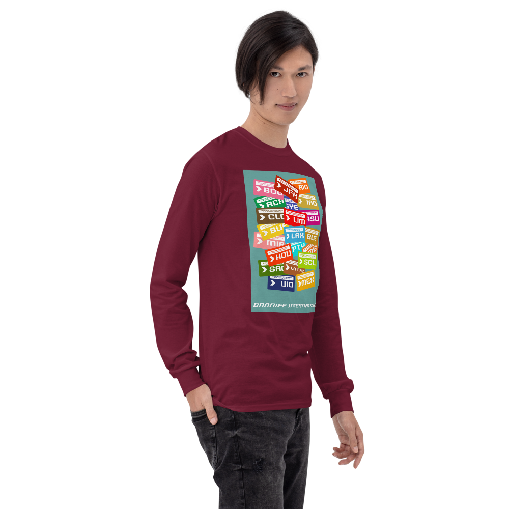 Long Sleeve Shirt by Gildan Men's Women's Braniff Luggage Tags Destinations