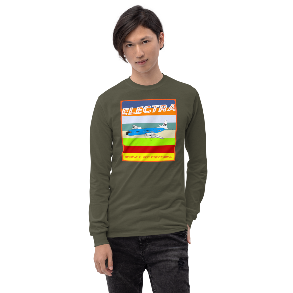 Long Sleeve Shirt by Gildan Men's Women's Braniff Lockheed L-188 1967 Solid Color Scheme