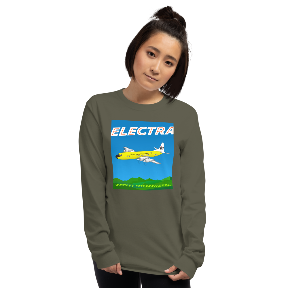 Long Sleeve Shirt by Gildan Men's Women's Braniff Lockheed L-188 Electra 1967 Solid Color Scheme