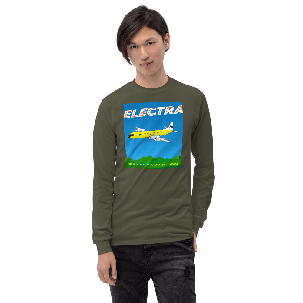 Long Sleeve Shirt by Gildan Men's Women's Braniff Lockheed L-188 Electra 1967 Solid Color Scheme