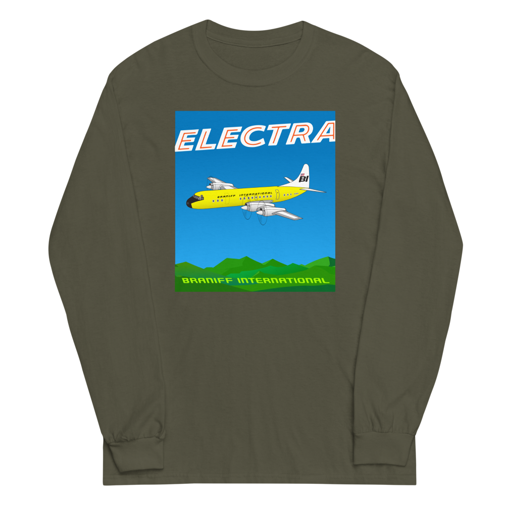 Long Sleeve Shirt by Gildan Men's Women's Braniff Lockheed L-188 Electra 1967 Solid Color Scheme