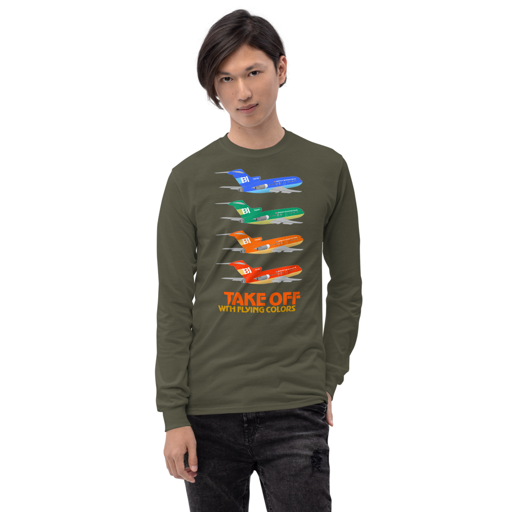 Long Sleeve Shirt by Gildan Men's Women's Braniff Boeing 727 Takeoff with Flying Colors 1971 Two Tone