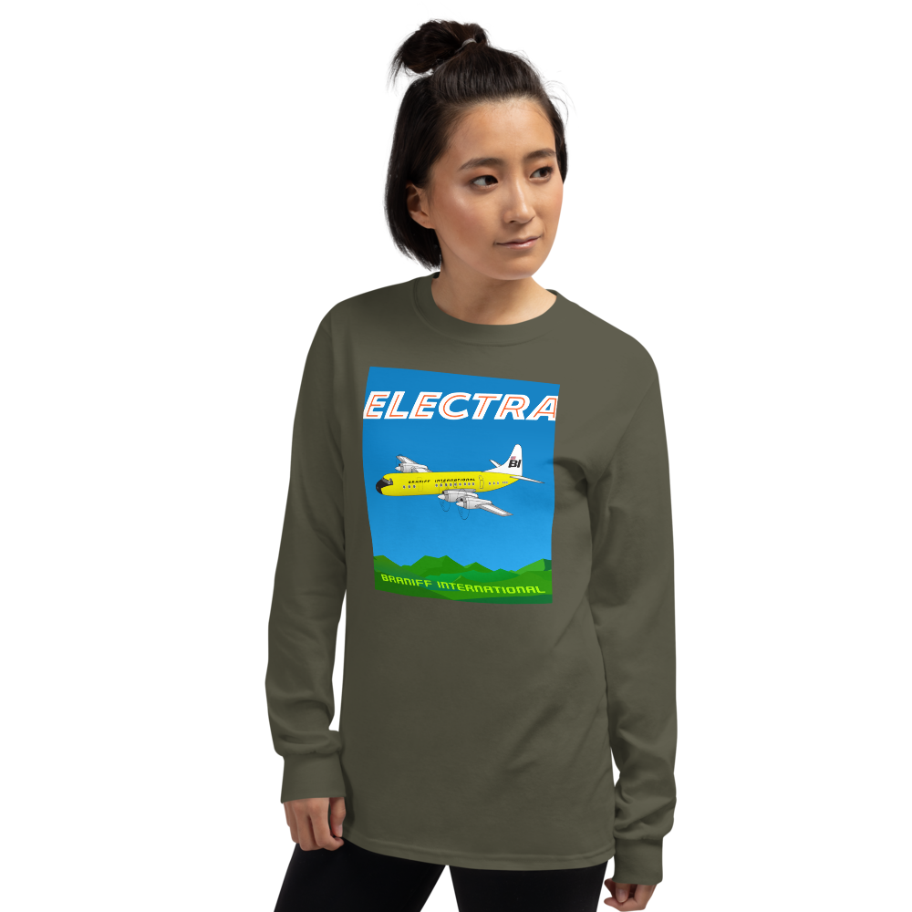 Long Sleeve Shirt by Gildan Men's Women's Braniff Lockheed L-188 Electra 1967 Solid Color Scheme