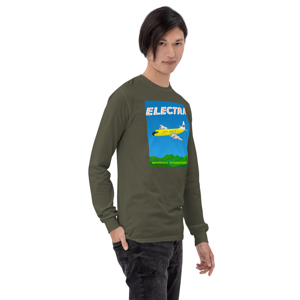 Long Sleeve Shirt by Gildan Men's Women's Braniff Lockheed L-188 Electra 1967 Solid Color Scheme