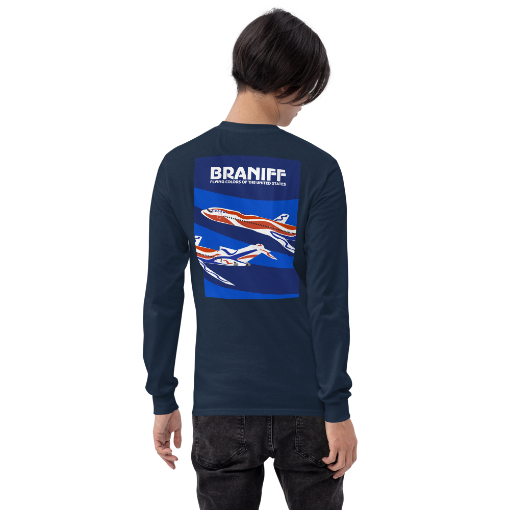 Long Sleeve Shirt by Gildan Men's Women's Braniff Boeing 727 Bicentennial Color Scheme on Shirt Back
