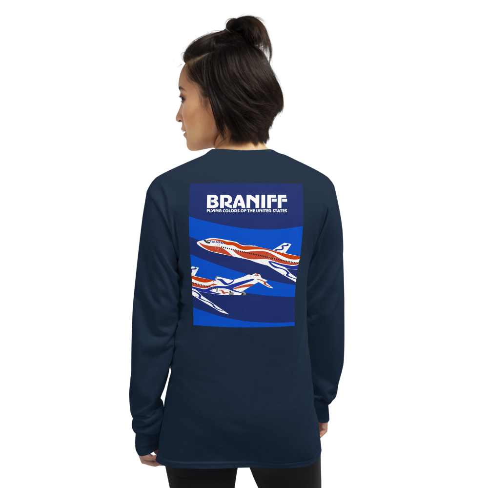 Long Sleeve Shirt by Gildan Men's Women's Braniff Boeing 727 Bicentennial Color Scheme on Shirt Back