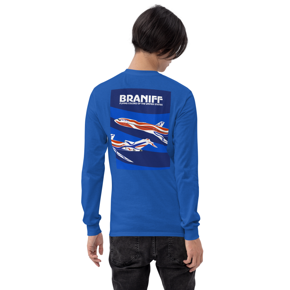 Long Sleeve Shirt by Gildan Men's Women's Braniff Boeing 727 Bicentennial Color Scheme on Shirt Back