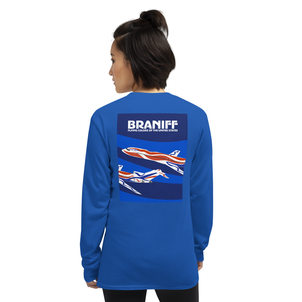 Long Sleeve Shirt by Gildan Men's Women's Braniff Boeing 727 Bicentennial Color Scheme on Shirt Back