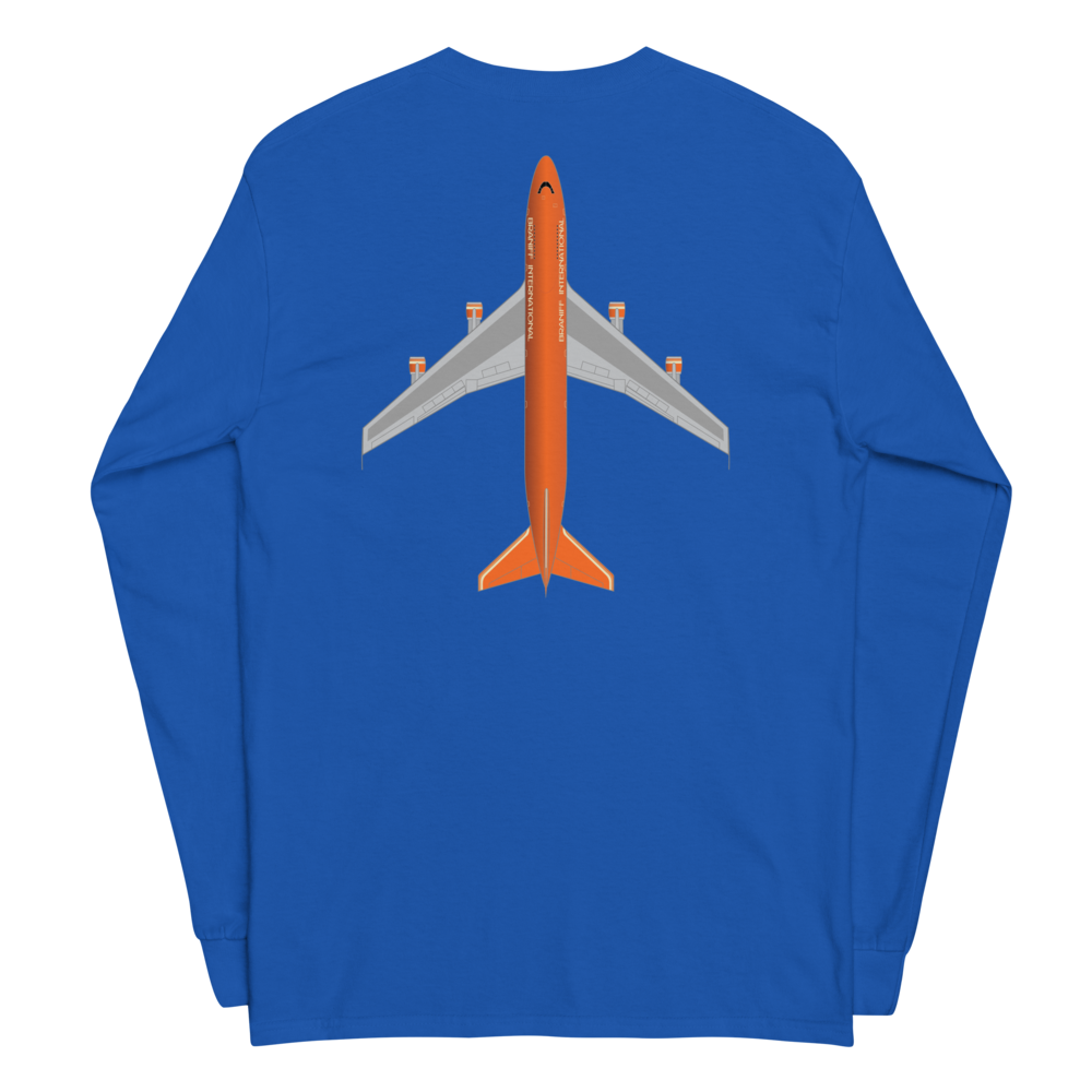 Long Sleeve Shirt by Gildan Men's Women's Braniff Boeing 747 Crew Logo and Jumbo Jet on Shirt Back