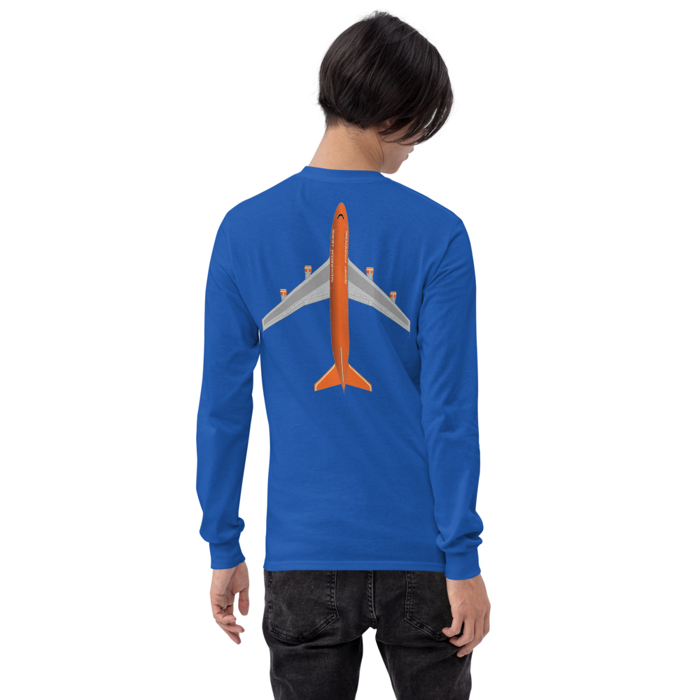 Long Sleeve Shirt by Gildan Men's Women's Braniff Boeing 747 Crew Logo and Jumbo Jet on Shirt Back