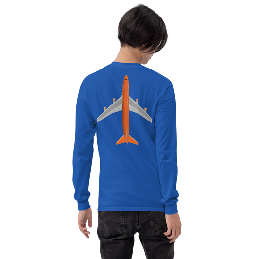 Long Sleeve Shirt by Gildan Men's Women's Braniff Boeing 747 Crew Logo and Jumbo Jet on Shirt Back