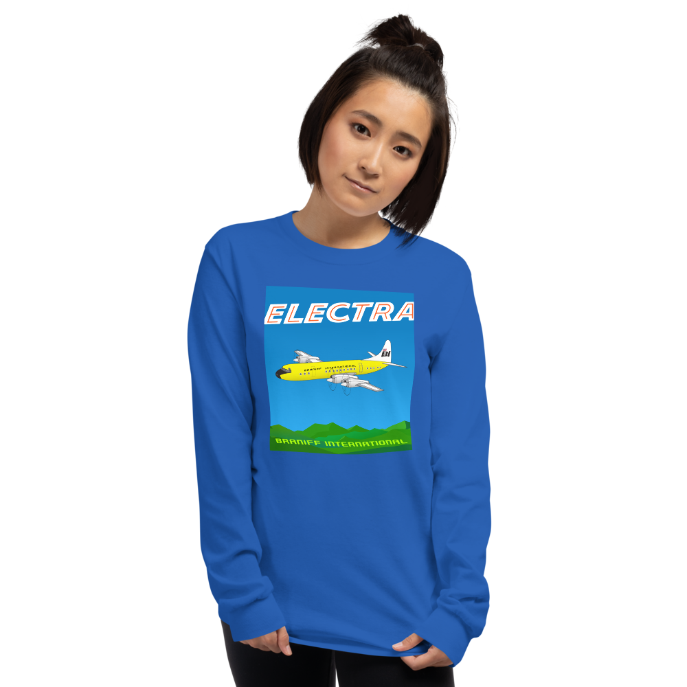 Long Sleeve Shirt by Gildan Men's Women's Braniff Lockheed L-188 Electra 1967 Solid Color Scheme